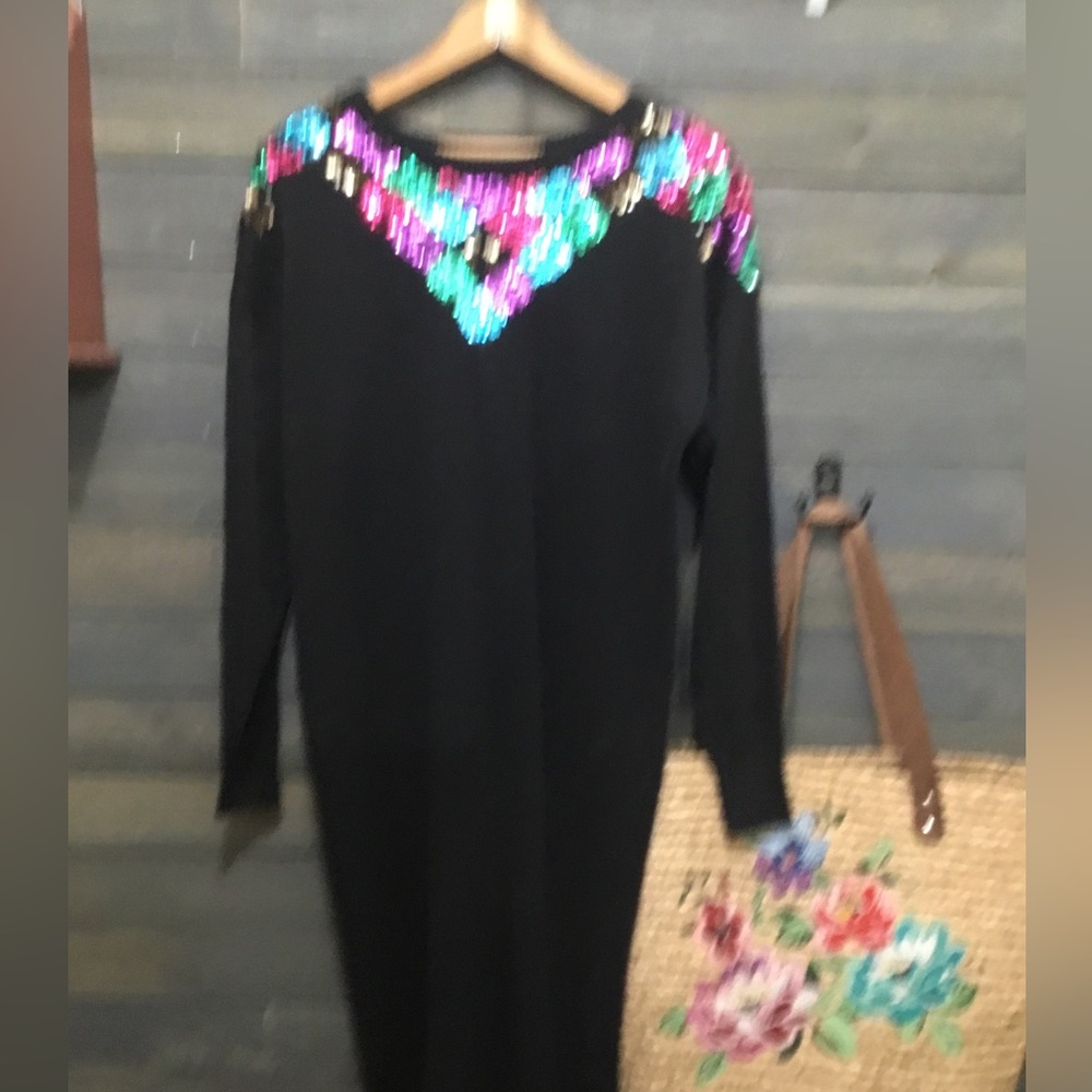 Chic Black Midi Dress with Vibrant Sequin Accents